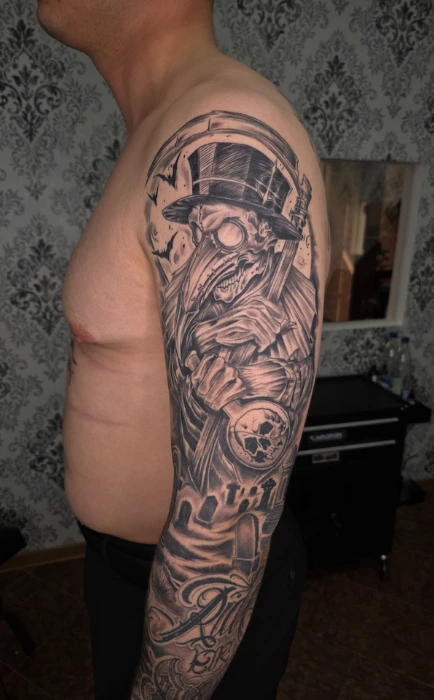 skelett-rabenmaske-zylinder-arm-black-grey-pirna